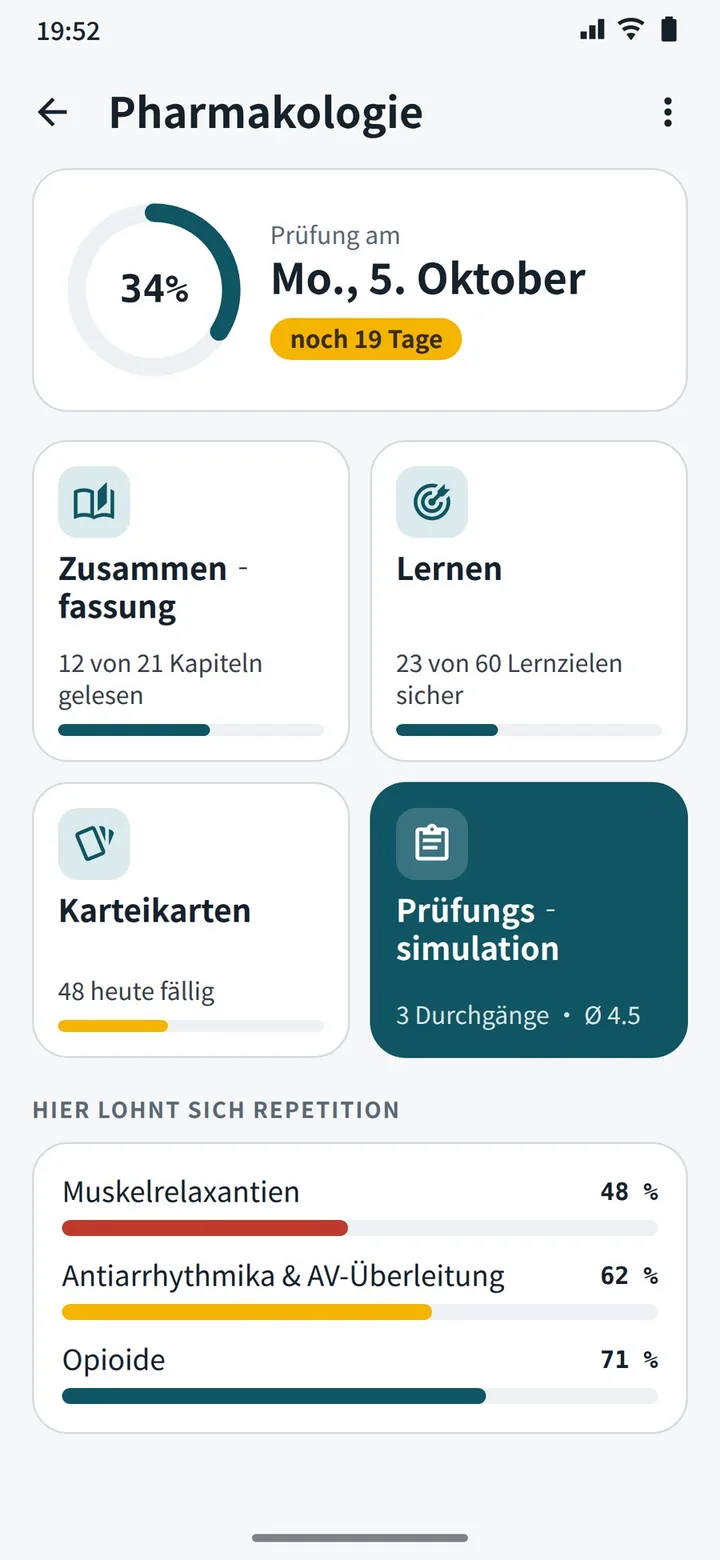 Screenshot der App: Übersicht einer Prüfungsvorbereitung mit Fortschritt, Zusammenfassung, Lernen, Karteikarten und Prüfungssimulation